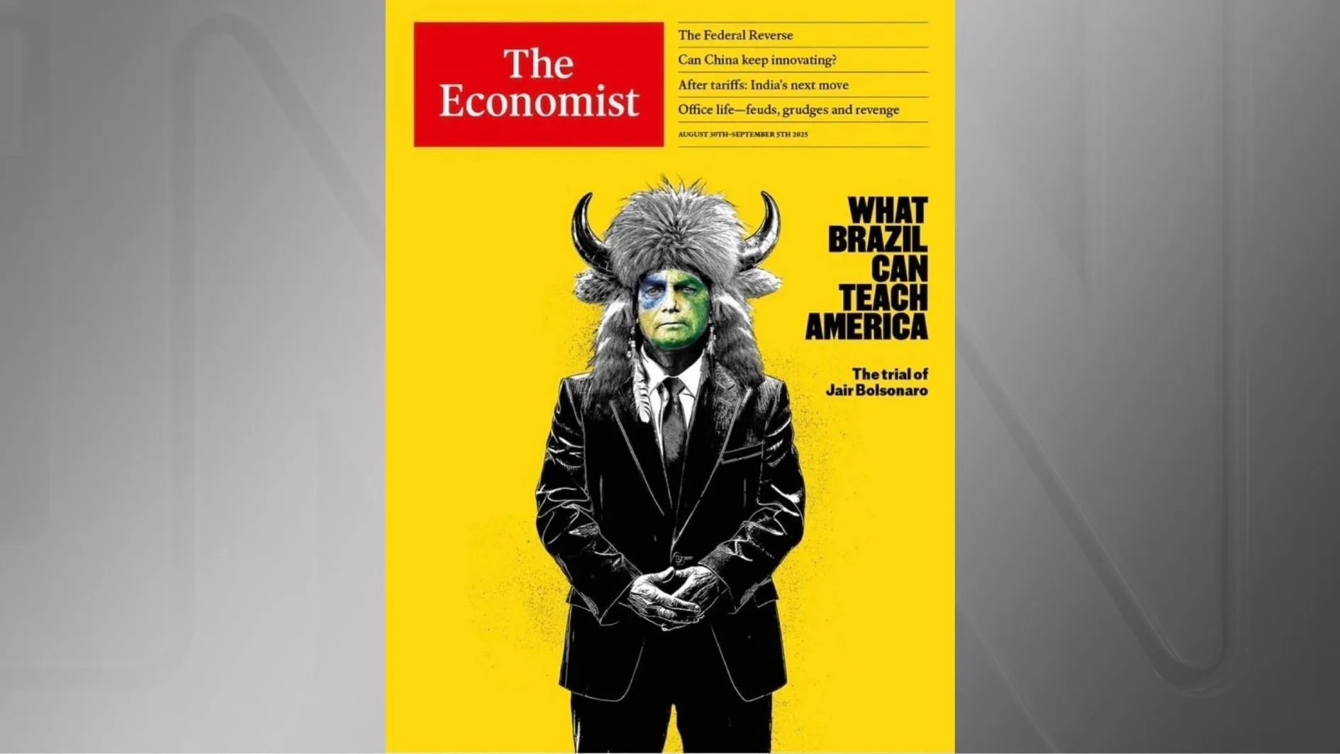 Julgamento de Bolsonaro no STF vira capa da Economist e expõe contraste com EUA 2 Julgamento de Bolsonaro no STF vira capa da Economist e expõe contraste com EUA - Imagem do artigo