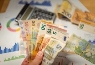 Close-up of currency notes with financial graphs and a calculator.